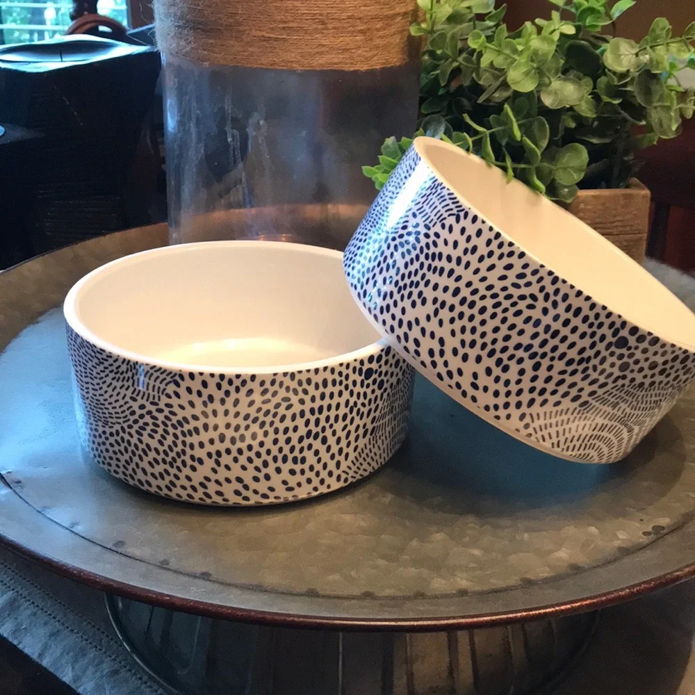 Modern Ceramic Dog Bowl in Blue Dot Pattern
